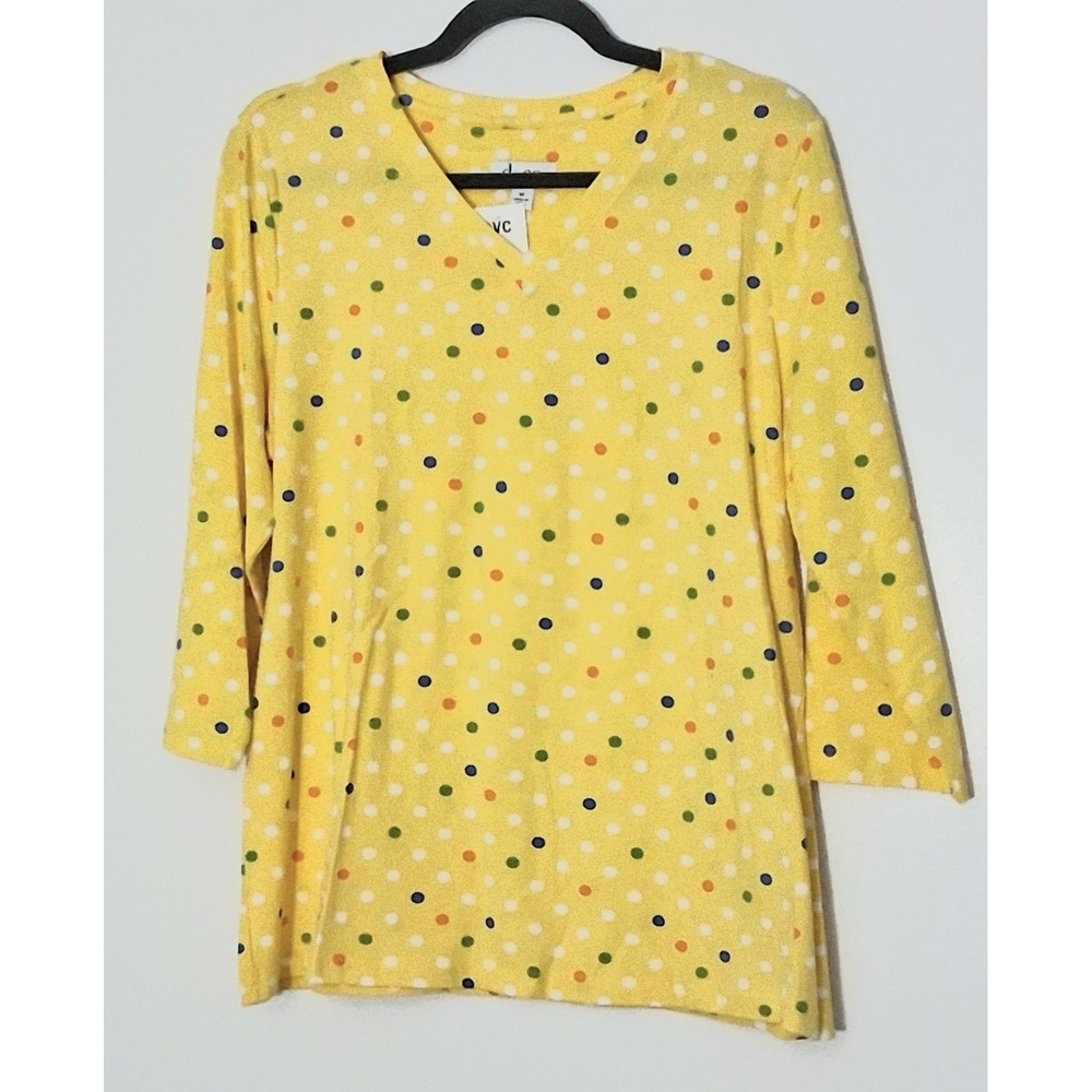 Denim & Co Polka Dot Shirt Women's Size Medium Yellow V-Neck 3/4 Sleeve NEW